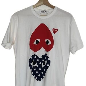 Comme des Garcons White Tee with Red and Blue Heart Design
